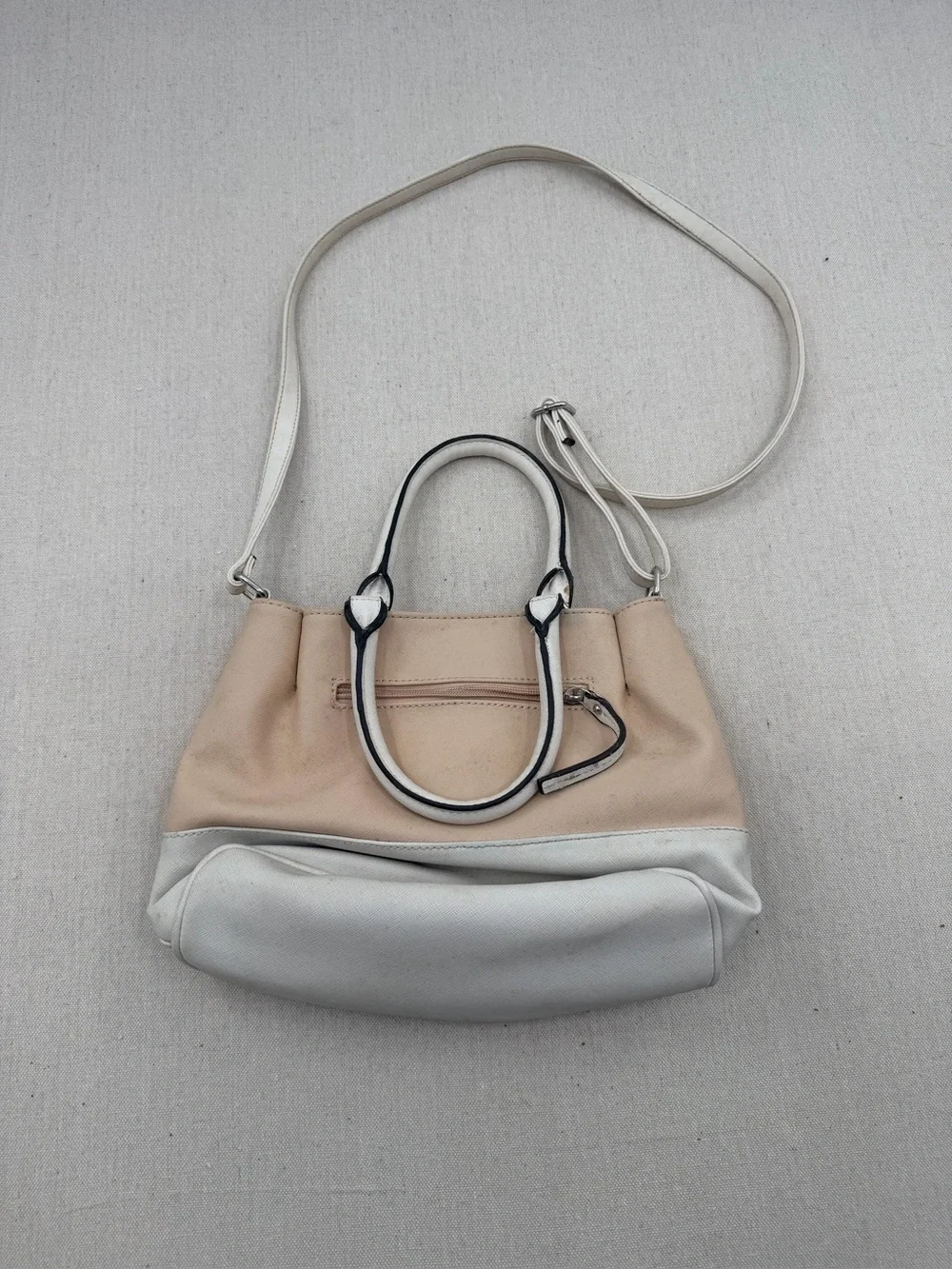 Nicole Miller Beige and White Leather Satchel with Long Strap